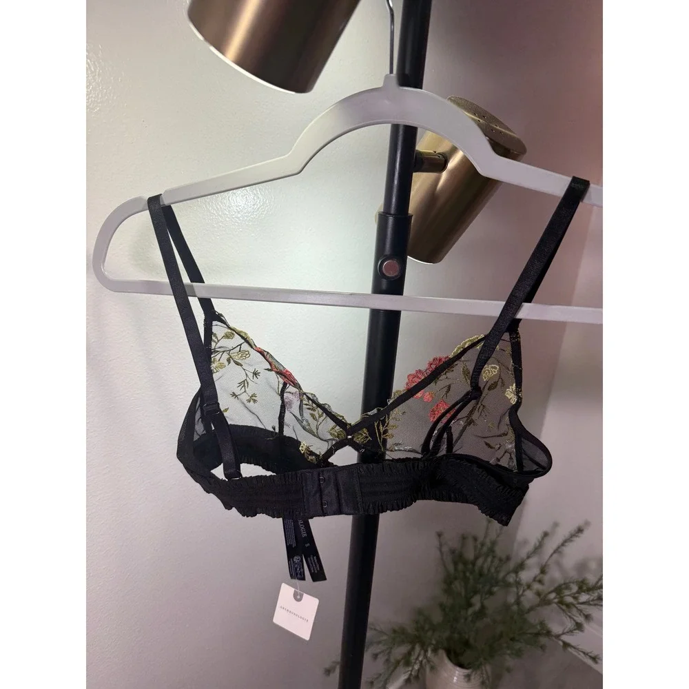 Anthropologie‎ Sheer Floral Embroidered Bralette Black Mesh Rosette Small NWT
